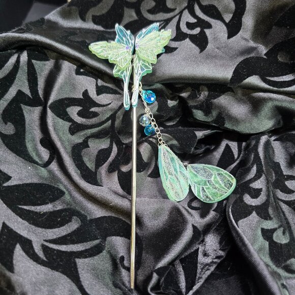 Handmade Delicate Elven Moonlit Butterfly Hair Stick w/ Wings and Crystals Gift - Picture 5 of 9